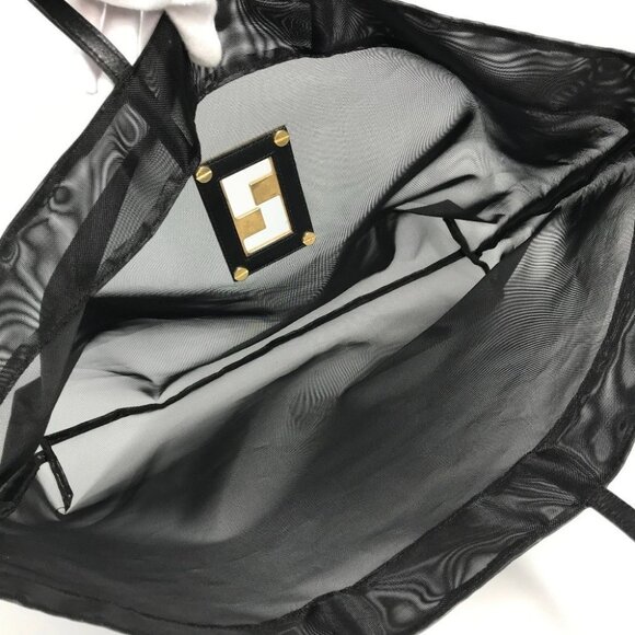 FENDI FF logo mesh big Tote Bag Beach bag Hand Bag Nylon mesh / Leather Black - Picture 5 of 13